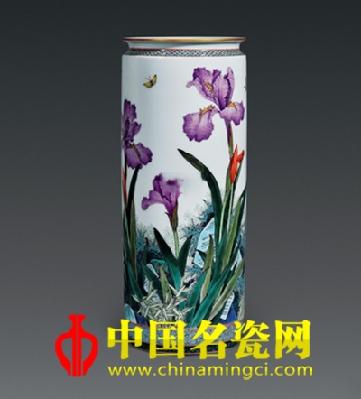江月光“兰寿飘香”古彩瓷瓶